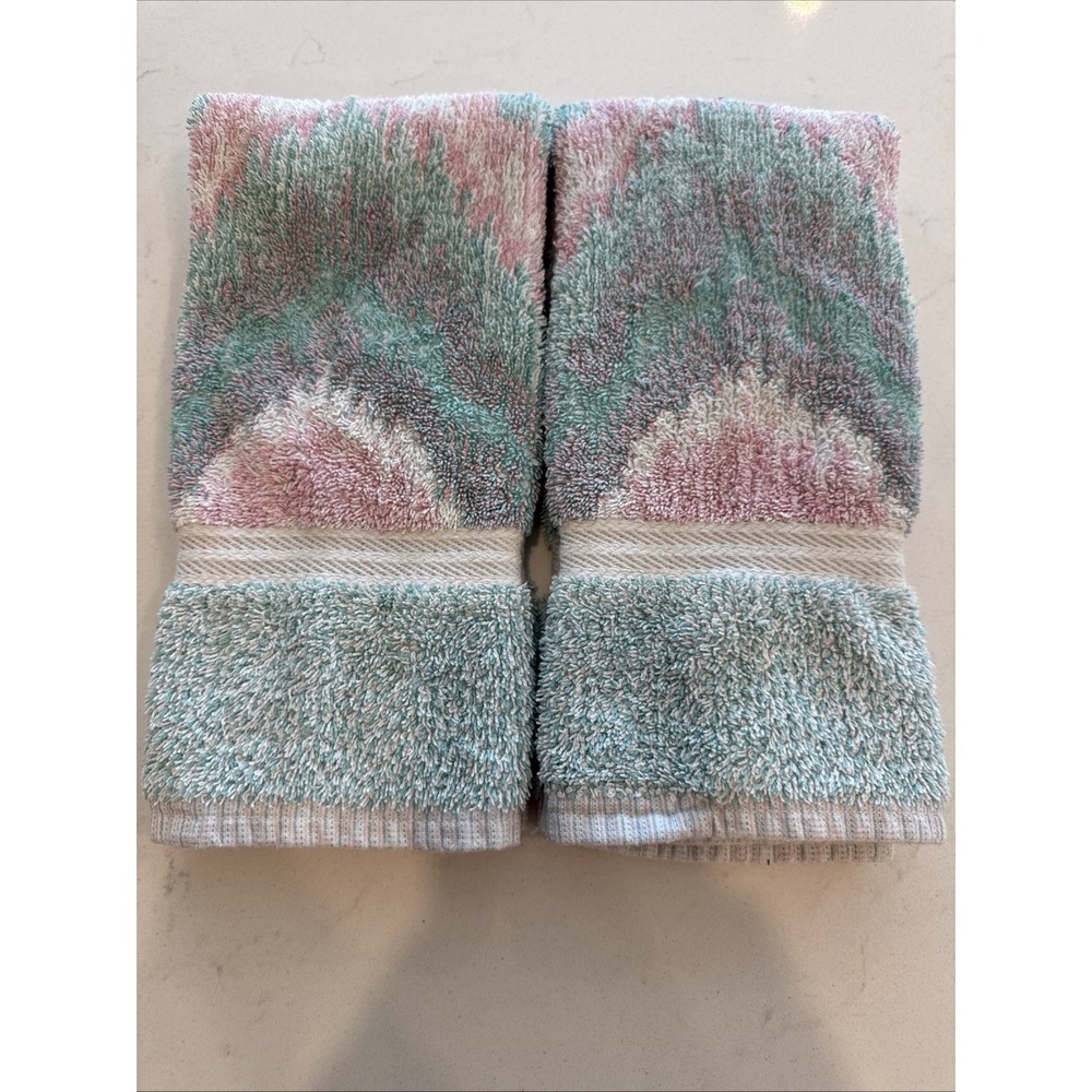 VTG 80s Southwest Pastels Towel Set 2 Hand Towels Pink Green White USA